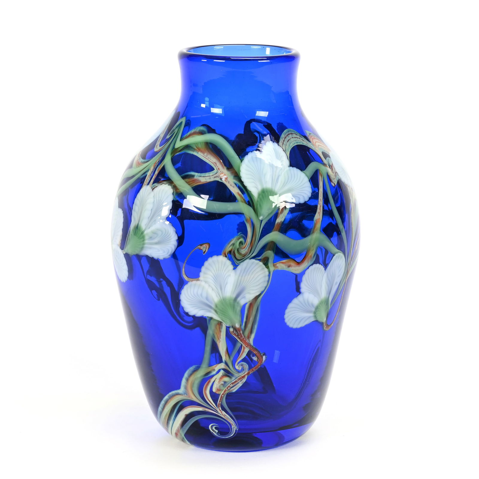 Vase Signed Orient & Flume Contemporary Art Glass: Vase Signed Orient & Flume Contemporary Art Glass, 8" x 5", Cobalt Blue With Blossom And Vine Decor, Dated 1982, #JN126, Rodger Shinn Collection, Kansas. Selling Mr. Shinn's Entire Collection Of Over