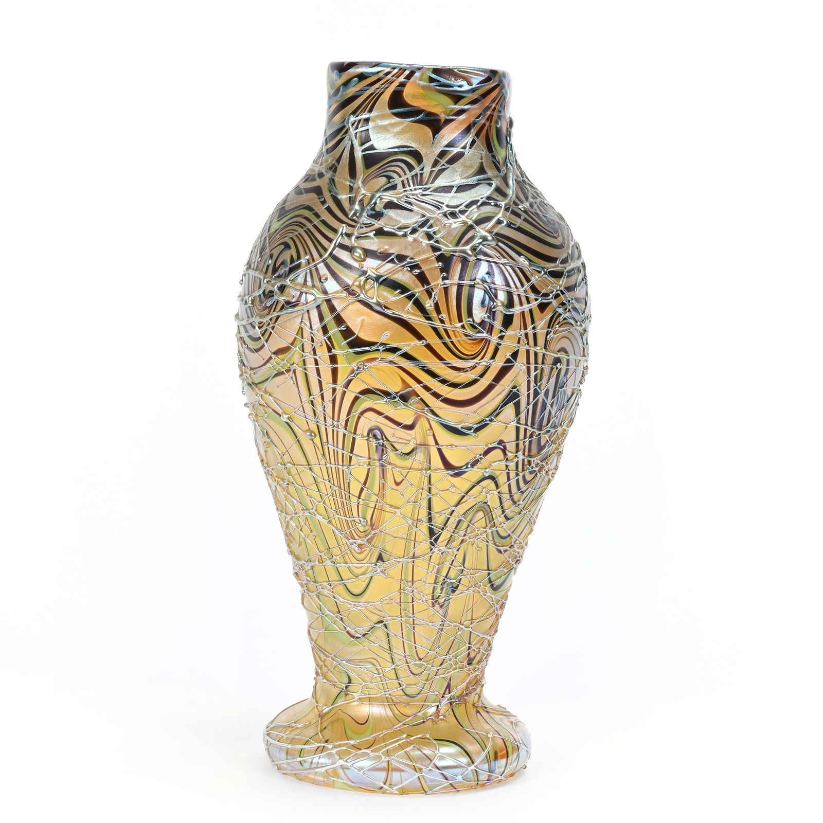 Vase Signed Orient & Flume Contemporary Art Glass: Vase Signed Orient & Flume Contemporary Art Glass, 8.25" x 4", Gold Iridescent With Amethyst, Green And Gold King Tut Design, Textured Gold Threaded Overlay, Dated 1979, #D11, Rodger Shinn Collection,