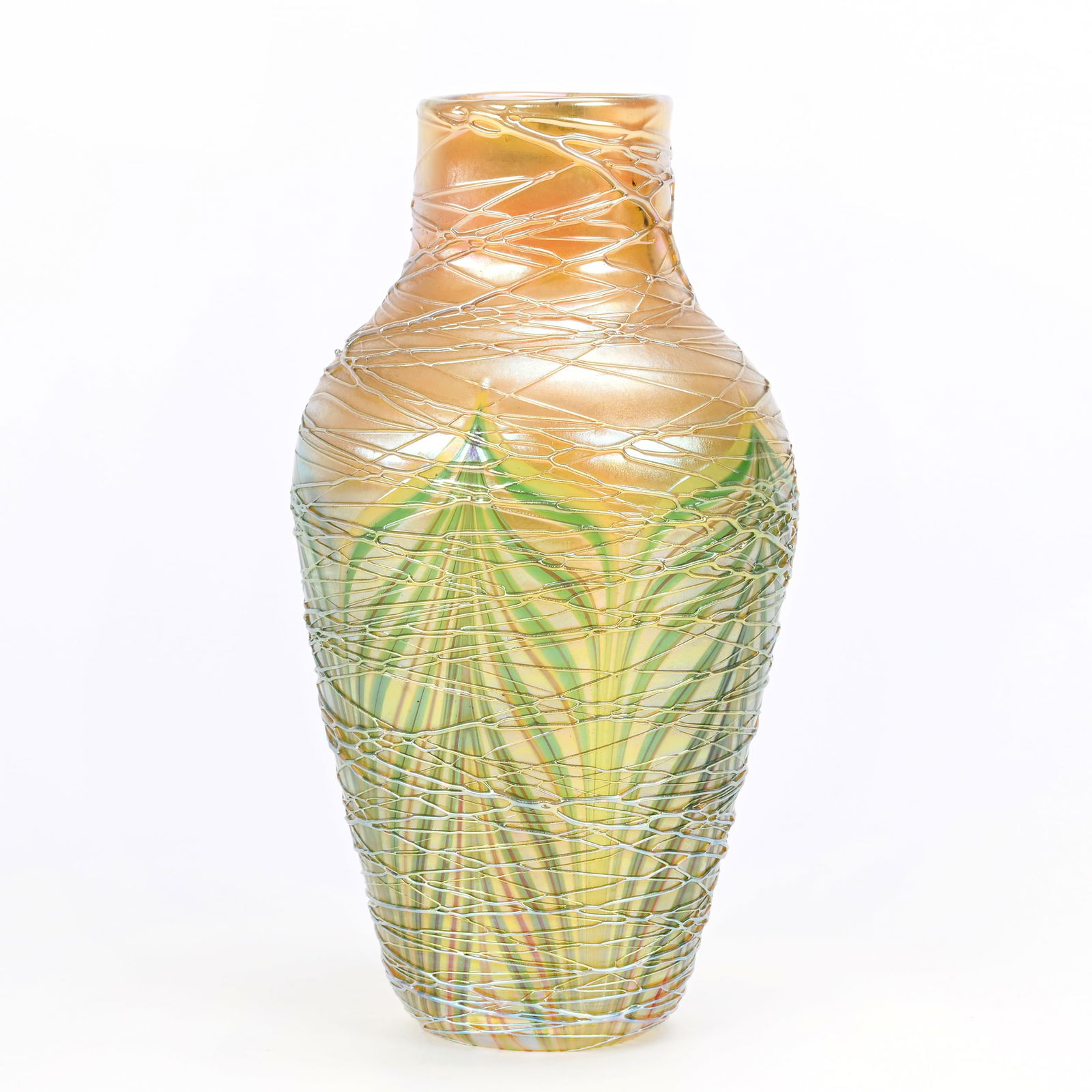 Vase Signed Orient & Flume Contemporary Art Glass: Vase Signed Orient & Flume Contemporary Art Glass, 6" x 3.25", Gold Iridescent With Green And Silver Pulled Leaf Decor And Threaded Overlay, Dated 1979, #MAY33C, Rodger Shinn Collection, Kansas. Selli