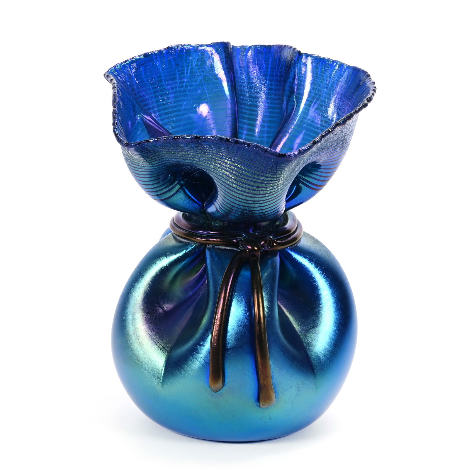 Bag Vase Signed Orient & Flume Contemporary Art Glass: Bag Vase Signed Orient & Flume Contemporary Art Glass, 8" x 6", Blue Iridescent, Artist Signed Smallhouse, #P0779K35135BIR, Original Certificate, Rodger Shinn Collection, Kansas. Selling Mr. Shinn's E