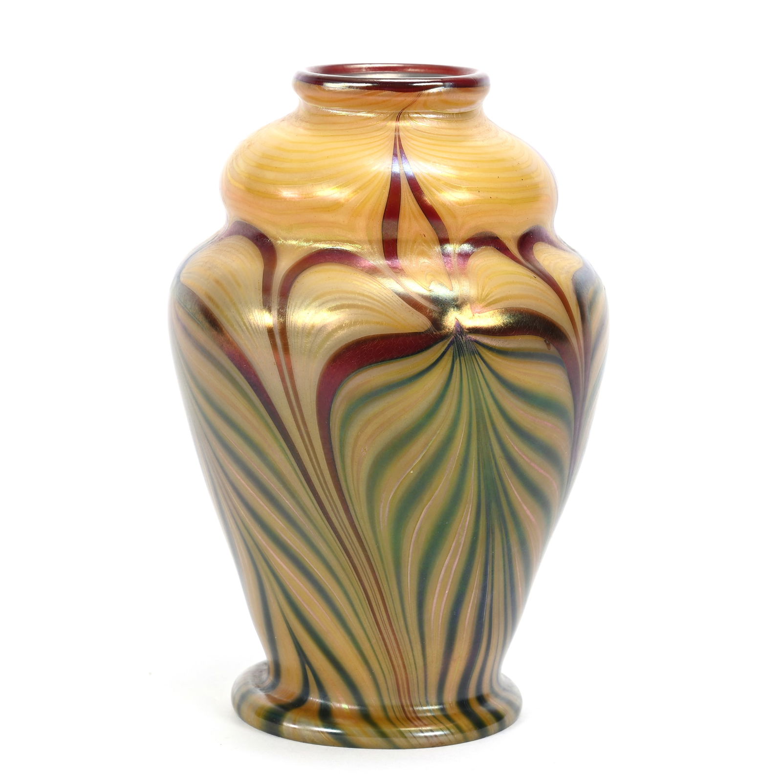 Vase Signed Orient & Flume Contemporary Art Glass: Vase Signed Orient & Flume Contemporary Art Glass, 6.25" x 4.5", Carmel Ground With Green And Red Pulled Feather Design, Light Blue Interior, Dated 1974, #S35, Rodger Shinn Collection, Kansas. Selling