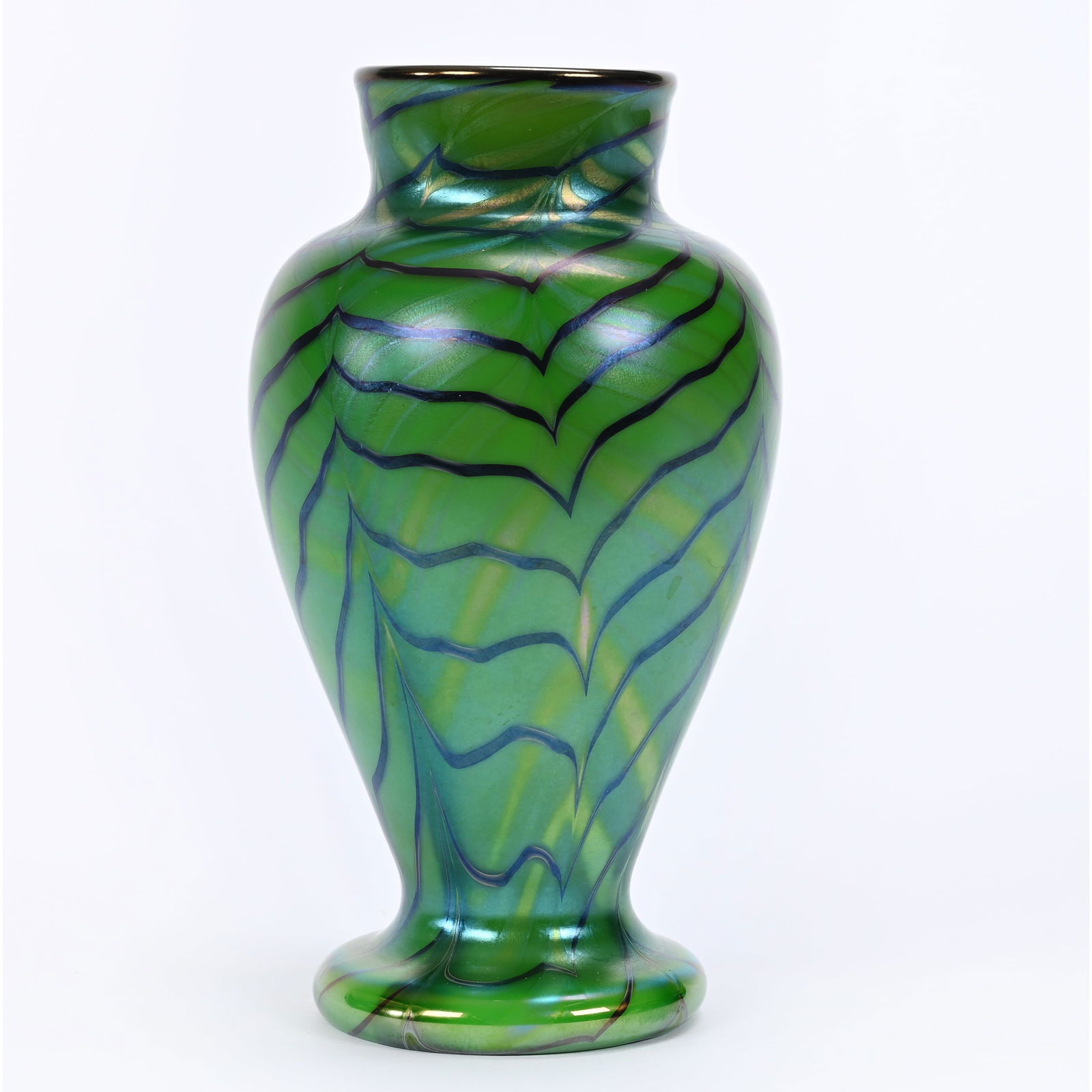Vase Signed Orient & Flume Contemporary Art Glass: Vase Signed Orient & Flume Contemporary Art Glass, 8" x 4.5", Iridescent Green With Combed Feather Pattern, Dated 1976, #J77, Original Certificate, Rodger Shinn Collection, Kansas. Selling Mr. Shinn's