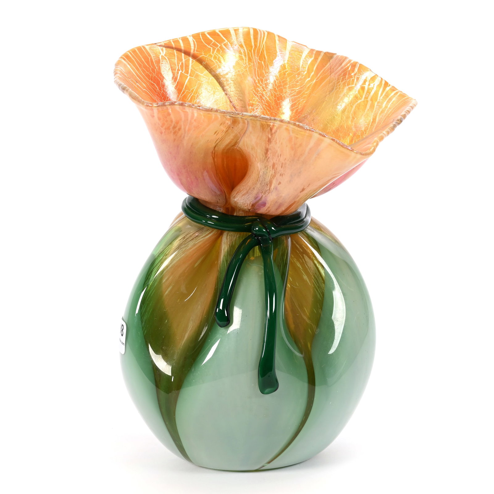 Bag Vase Signed Orient & Flume Contemporary Art Glass: Bag Vase Signed Orient & Flume Contemporary Art Glass, 9.25" x 6.5", Translucent And Iridescent Green And Marigold With Leaf Design, Artist Signed Smallhouse, #0483M95020, Rodger Shinn Collection, Kan