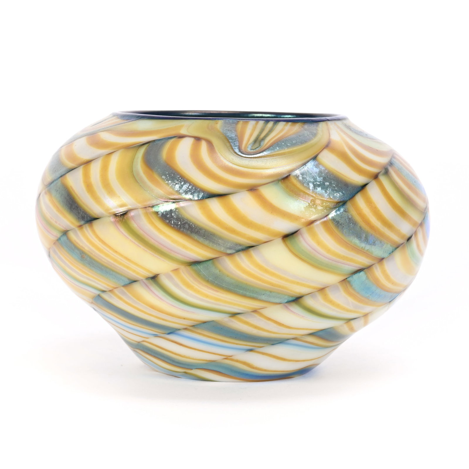 Vase Signed Orient & Flume Contemporary Art Glass: Vase Signed Orient & Flume Contemporary Art Glass, 3.75" x 5.75", White, Blue And Yellow Iridescent With Zippered Swirl Design, Dated 1975, #H10, Rodger Shinn Collection, Kansas. Selling Mr. Shinn's E