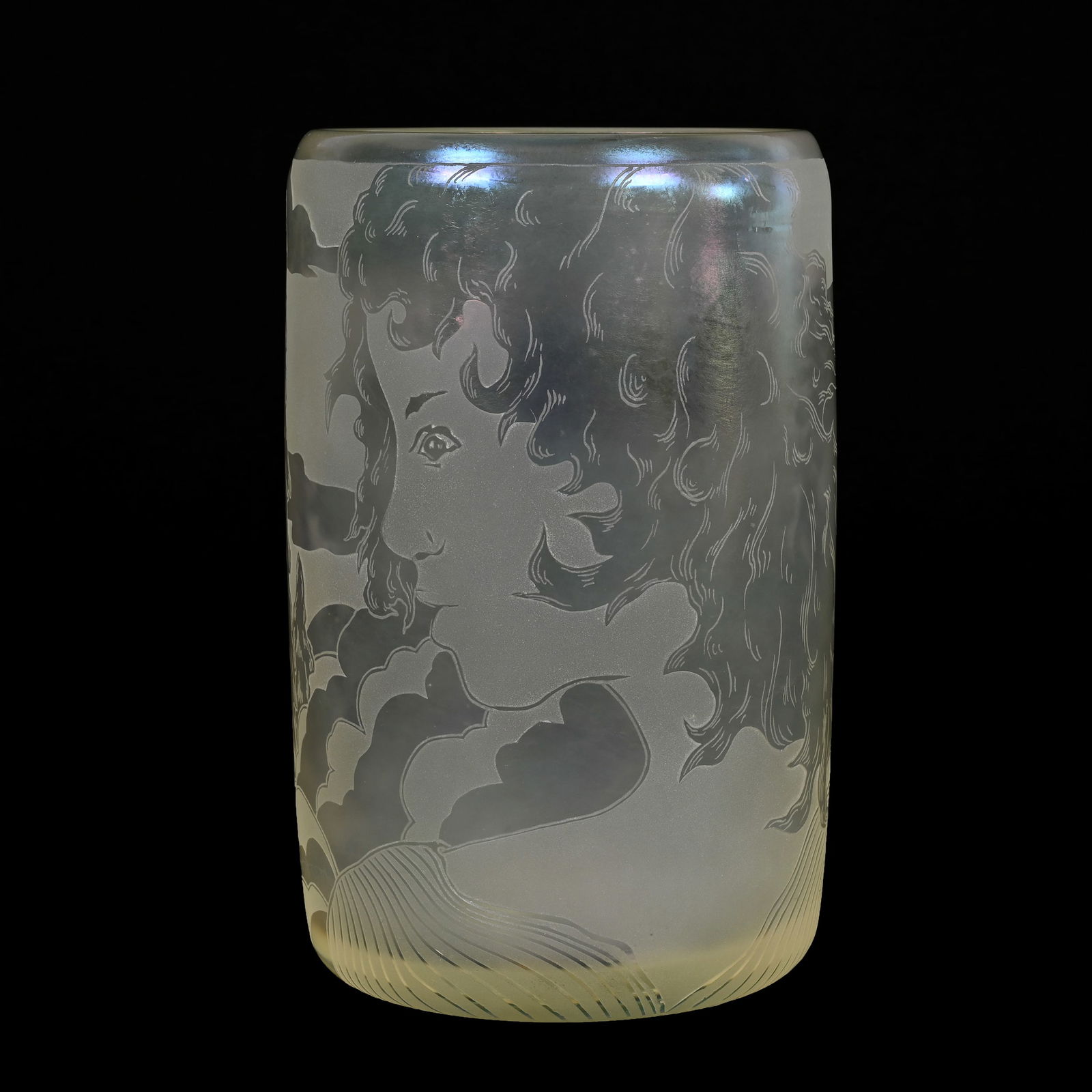 Vase Signed Orient & Flume Contemporary Art Glass: Vase Signed Orient & Flume Contemporary Art Glass, 8" x 5", Cylinder Shape, Iridescent Translucent & Clear Etched With Woman, Hills And Tree Decor, Artist Signed On Side Shura, Dated 1984, #H58 CVS, R