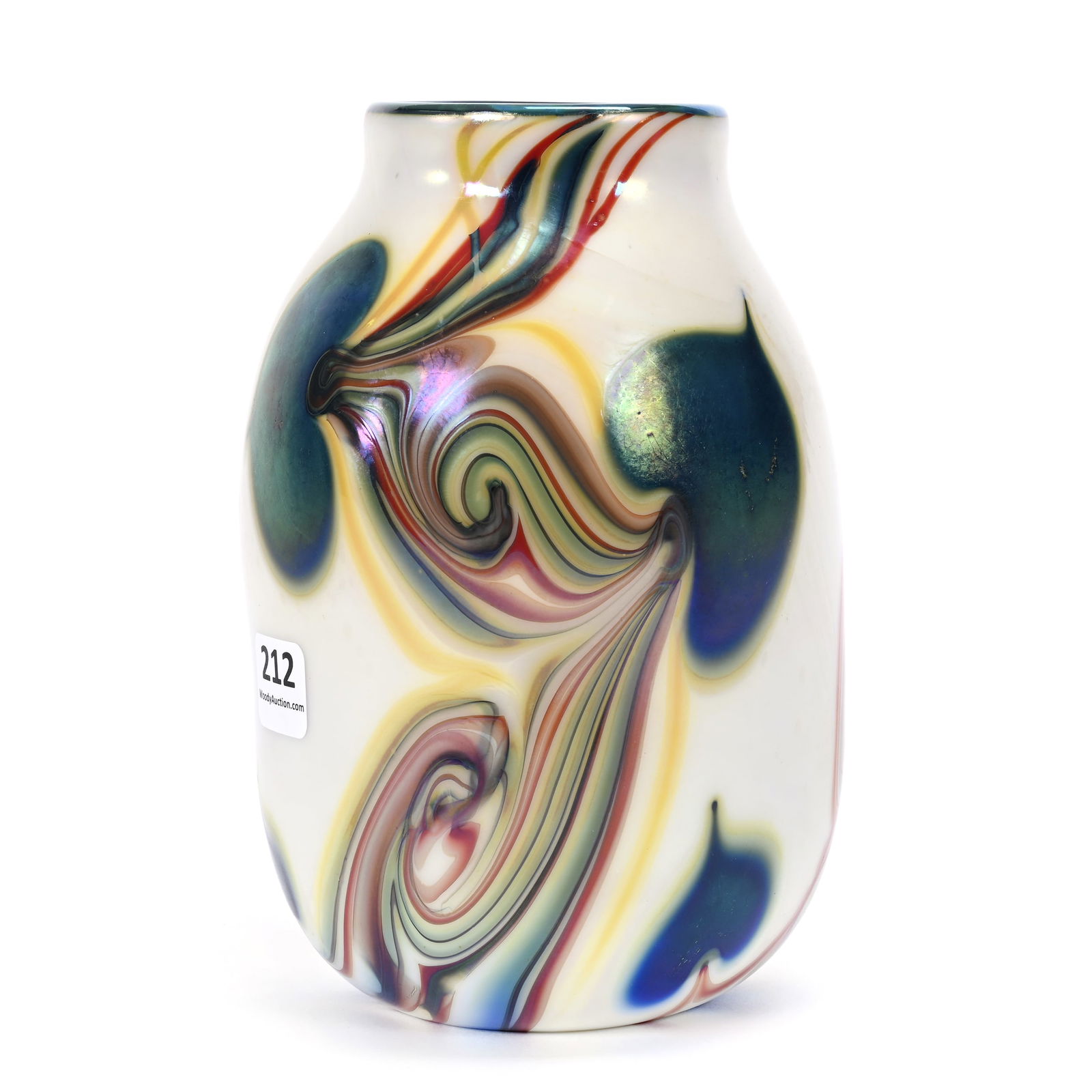Vase Signed Orient & Flume Contemporary Art Glass: Vase Signed Orient & Flume Contemporary Art Glass, 6.75" x 4.25", Iridescent White Ground With Multi-Color Vine And Blue Iridescent Heart Design, Red Interior, Dated 1974, Rodger Shinn Collection, Kan