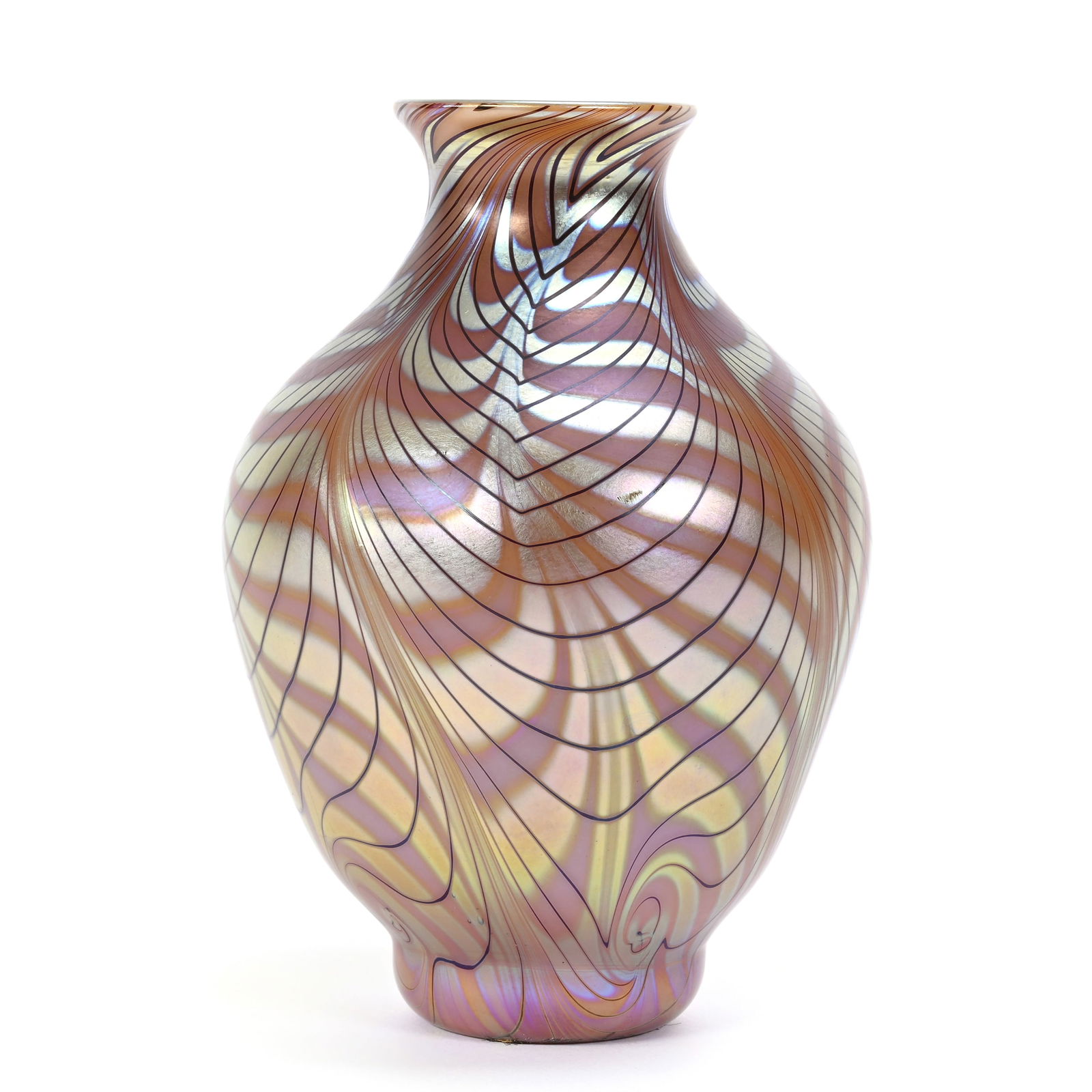 Vase Signed Orient & Flume Contemporary Art Glass: Vase Signed Orient & Flume Contemporary Art Glass, 6.25" x 4.5", Golden Iridescent Amethyst Double Combed Feather, Dated 1976, #S100, Original Certificate, Rodger Shinn Collection, Kansas. Selling Mr.