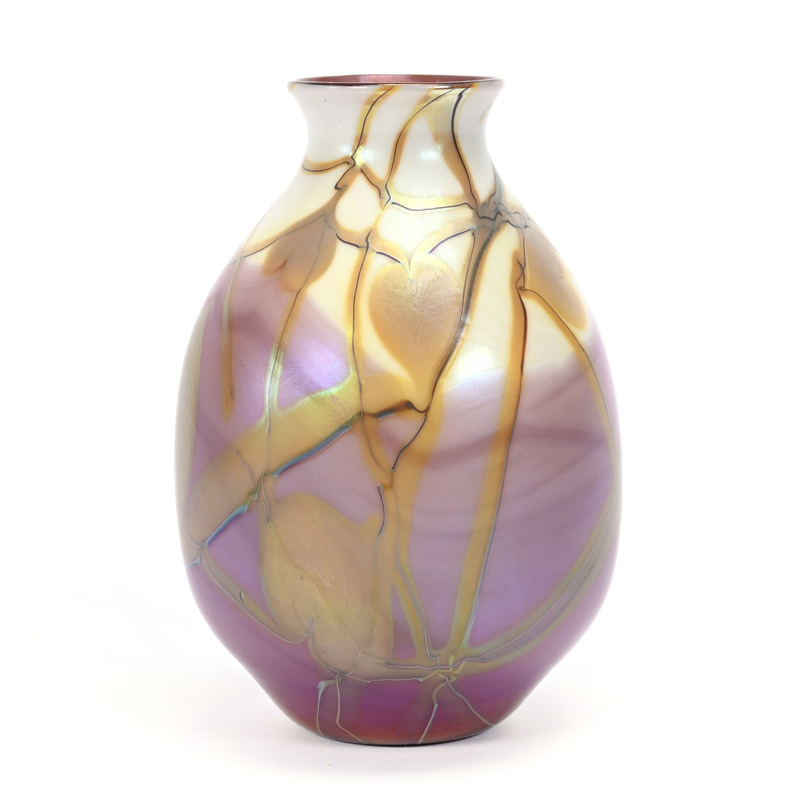 Vase Signed Orient & Flume Contemporary Art Glass: Vase Signed Orient & Flume Contemporary Art Glass, 6.5" x 4.5", Iridescent Lavender And White Ground, Gold Heart And Vine Decor, Dated 1976, #M112, Rodger Shinn Collection, Kansas. Selling Mr. Shinn's