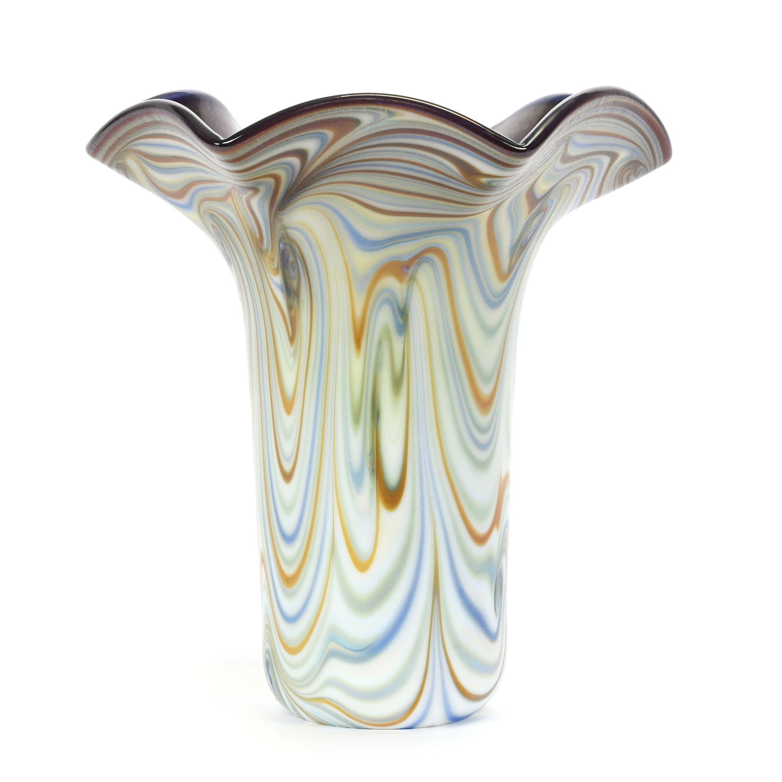 Vase Signed Orient & Flume Contemporary Art Glass: Vase Signed Orient & Flume Contemporary Art Glass, 6.75" x 6", White Ground With Blue, Green And Carmel, Iridescent Amethyst Interior, One Of The First Pieces Of The King Tut/Coil Pattern That Was Att