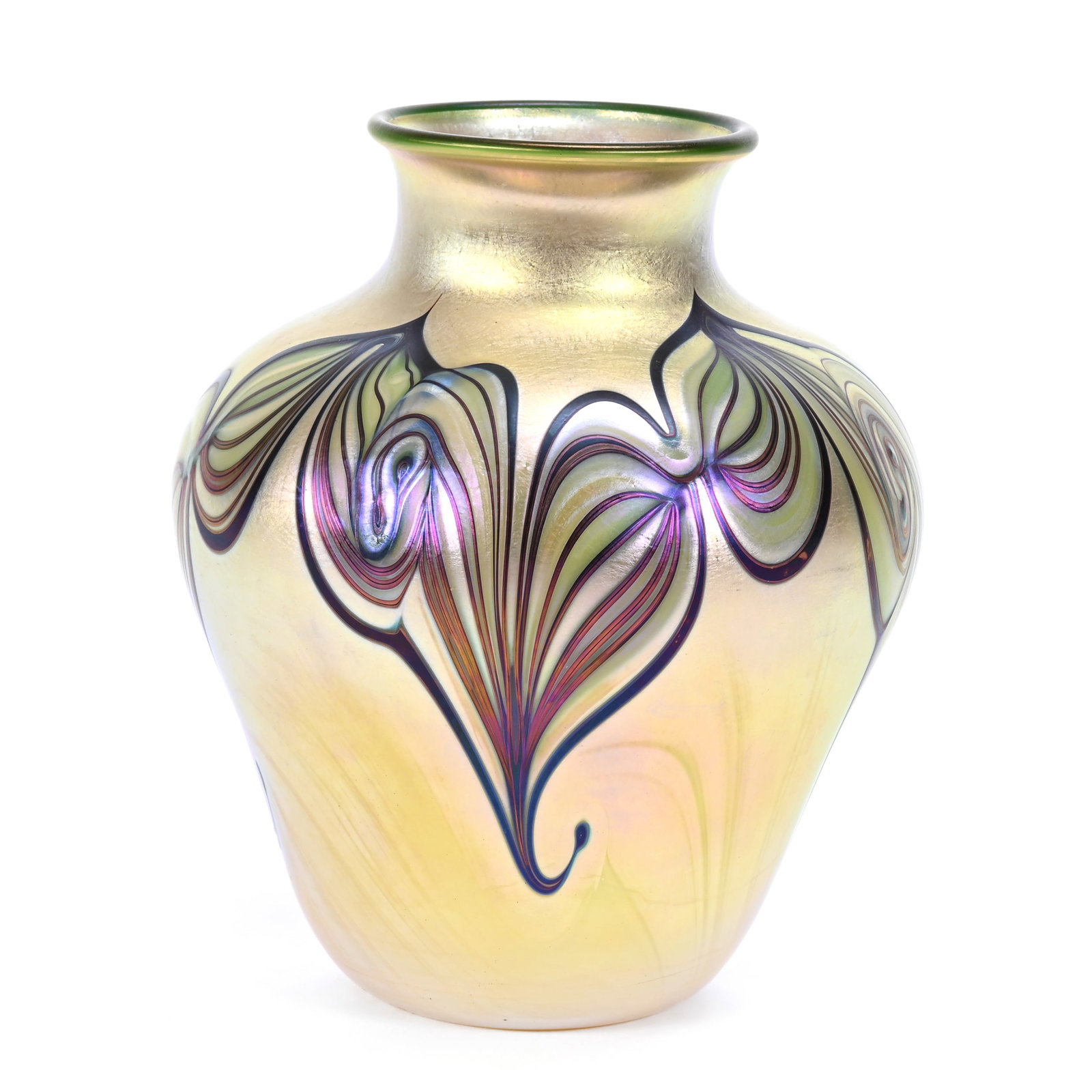 Vase Signed Orient & Flume Contemporary Art Glass: Vase Signed Orient & Flume Contemporary Art Glass, 6" x 5.25", Gold Iridescent Hooked Iris Pattern, Dated 1976, #S129, Original Certificate, Rodger Shinn Collection, Kansas. Selling Mr. Shinn's Entire