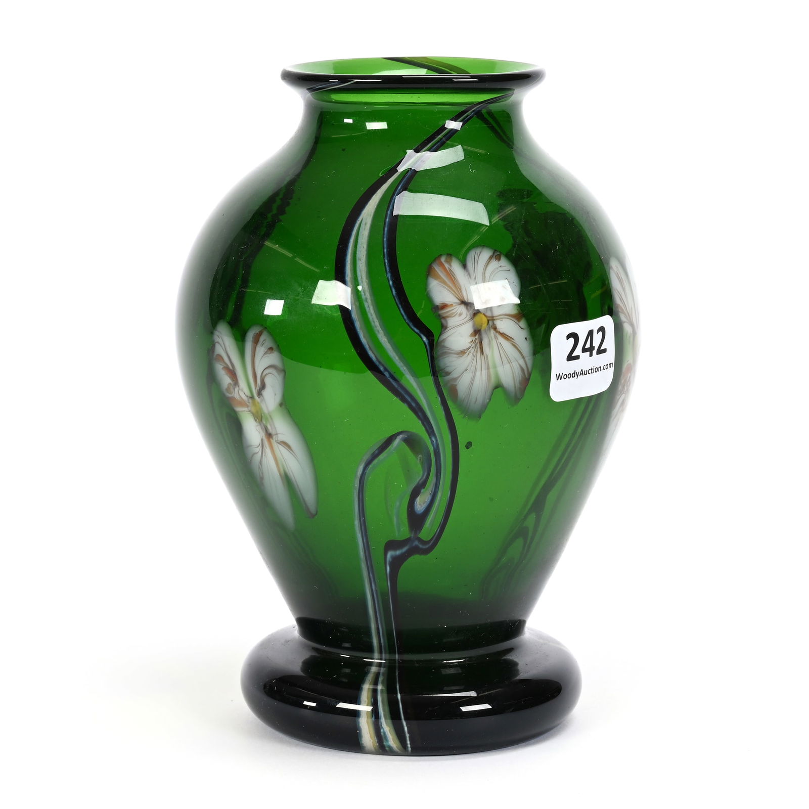 Vase Signed Orient & Flume Contemporary Art Glass: Vase Signed Orient & Flume Contemporary Art Glass, 6.25" x 4.25", Translucent Emerald Green With Multi-Color Floral And Vine Design, Marked Jan 1977 EX (For Exhibit), Rodger Shinn Collection, Kansas.