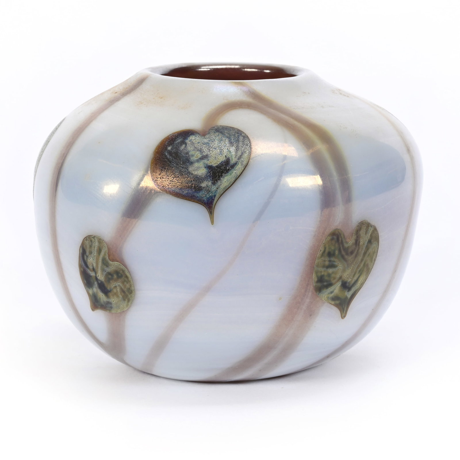 Vase Signed Orient & Flume Contemporary Art Glass: Vase Signed Orient & Flume Contemporary Art Glass, 4" x 5.25", Iridescent White With Silver And Amethyst Heart And Vine Decor, Dated 1973 (No Other Marks), Rodger Shinn Collection, Kansas. Selling Mr.