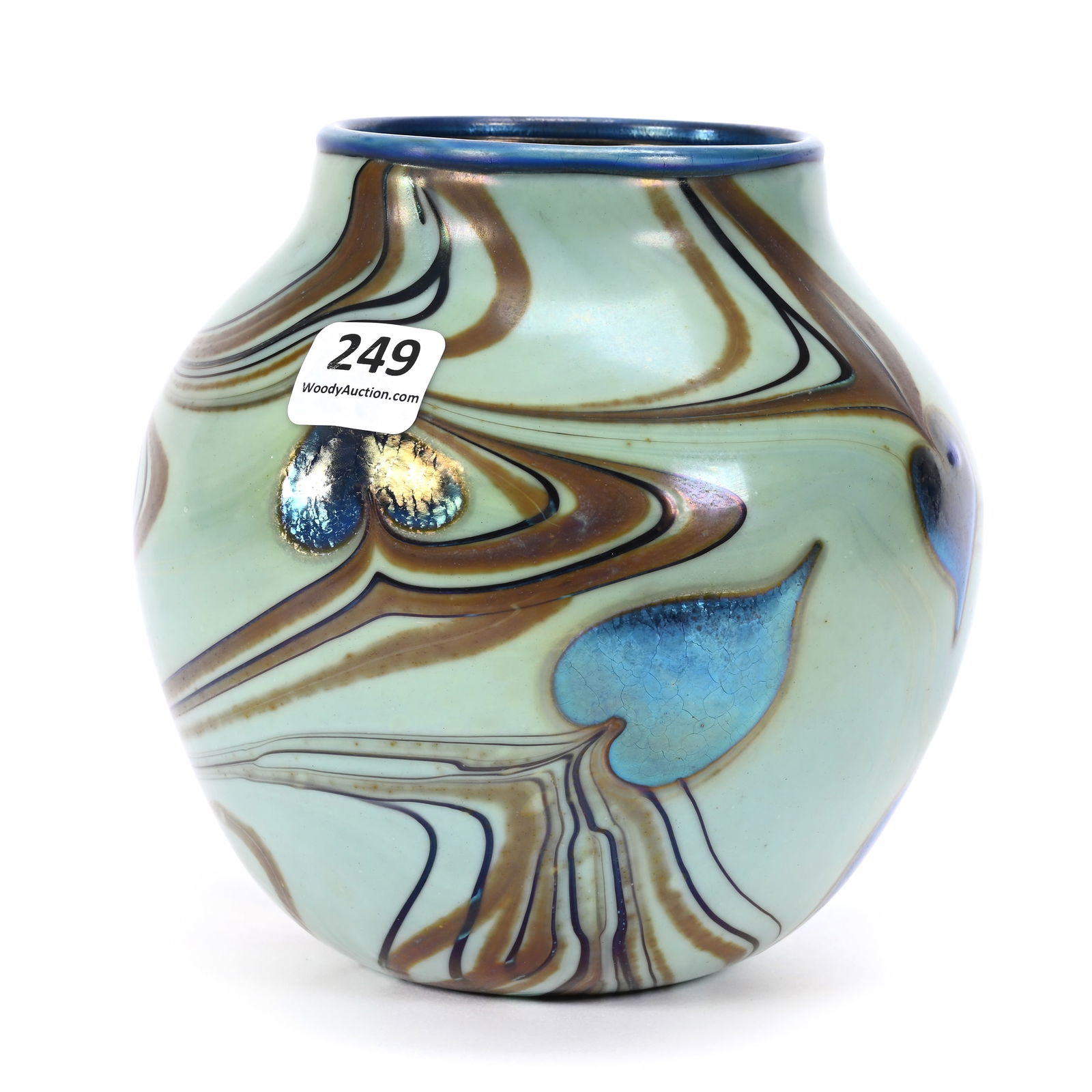 Vase Signed O&F (Orient & Flume) Art Glass: Vase Signed O&F (Orient & Flume) Art Glass, 5.25" x 5.25", Contemporary, Green Ground With Blue Heart And Brown Vine Decor, Blue Iridescent Interior, Blue Wrapped Rim, Dated 1974, Rodger Shinn Collect