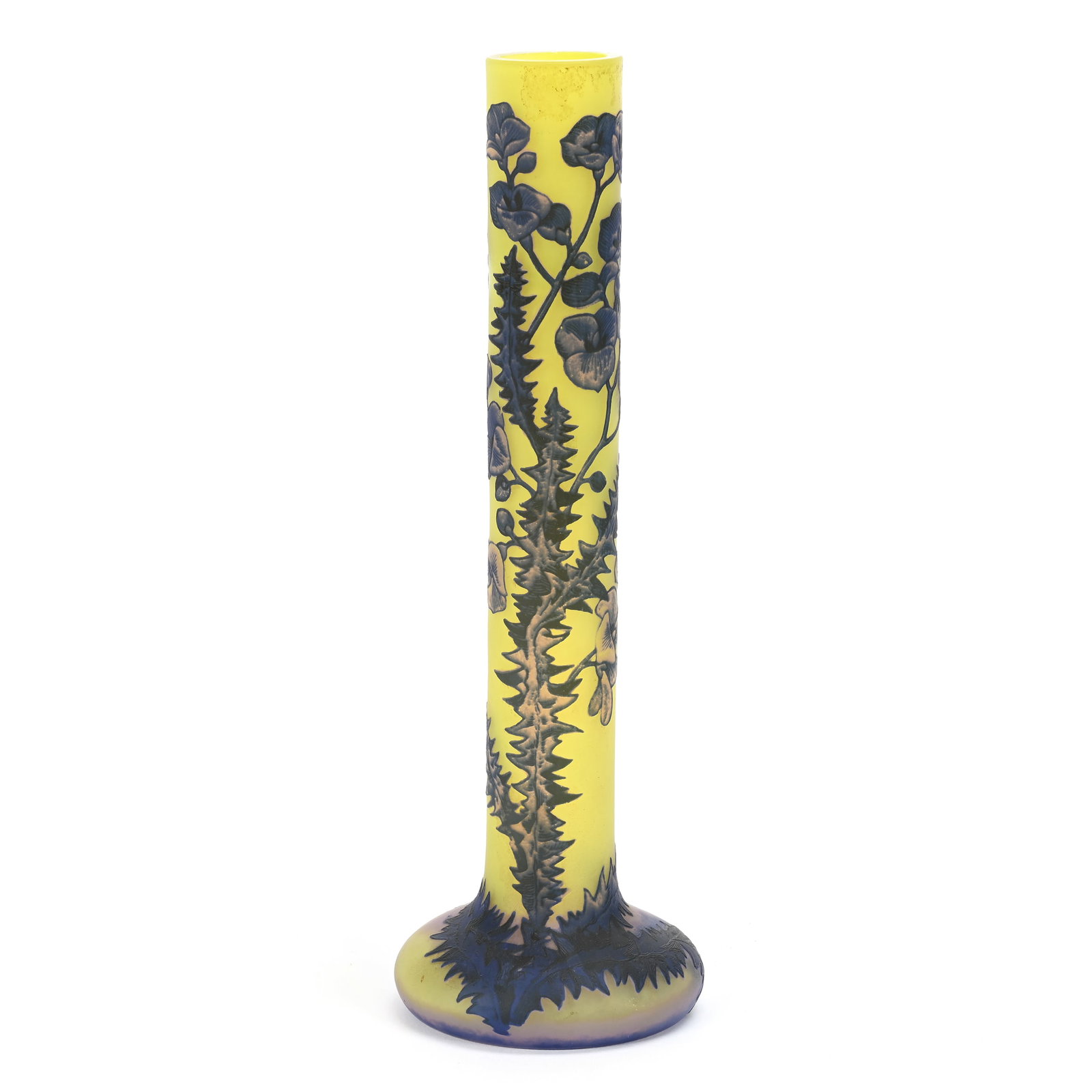 Bud Vase Signed Sovanka Hungarian Cameo Glass: Bud Vase Signed Sovanka Hungarian Cameo Glass, 11" x 3.5", Yellow Ground With Blue And Pink Cameo Carved Floral Cutback Overlay, Sovanka Was Only Hungarian Glass Company To Produce Art Deco Glass That
