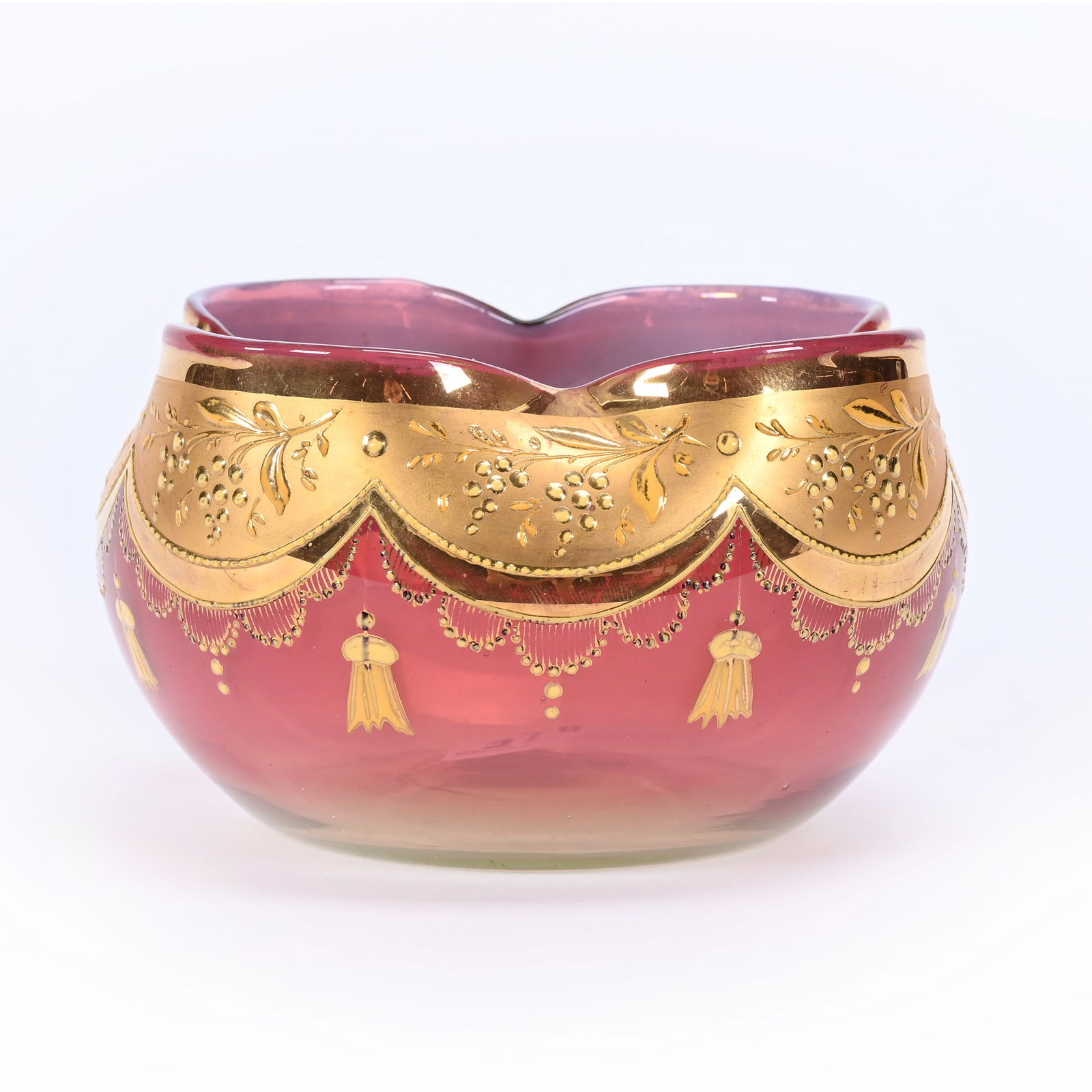 Vase, Cranberry Opalescent & Vaseline: Vase, Cranberry Opalescent & Vaseline, 2.75" x 4.5", Heavy Gold Enamel Highlights, Highly Reactive Under Black Light, Oklahoma Private Collection.