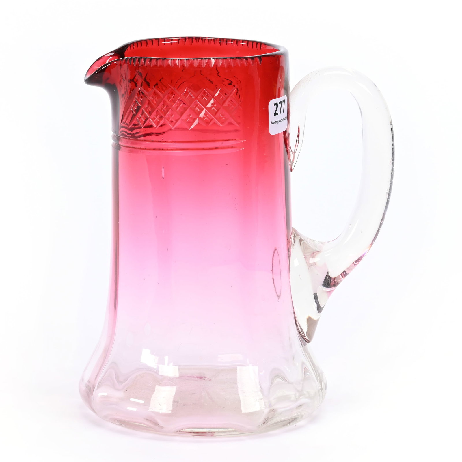 Pitcher, Rubina Art Glass, Optic Rib: Pitcher, Rubina Art Glass, Optic Rib, 7.5" x 6", Crosscut Diamond Border, Clear Applied Handle, Oklahoma Private Collection.