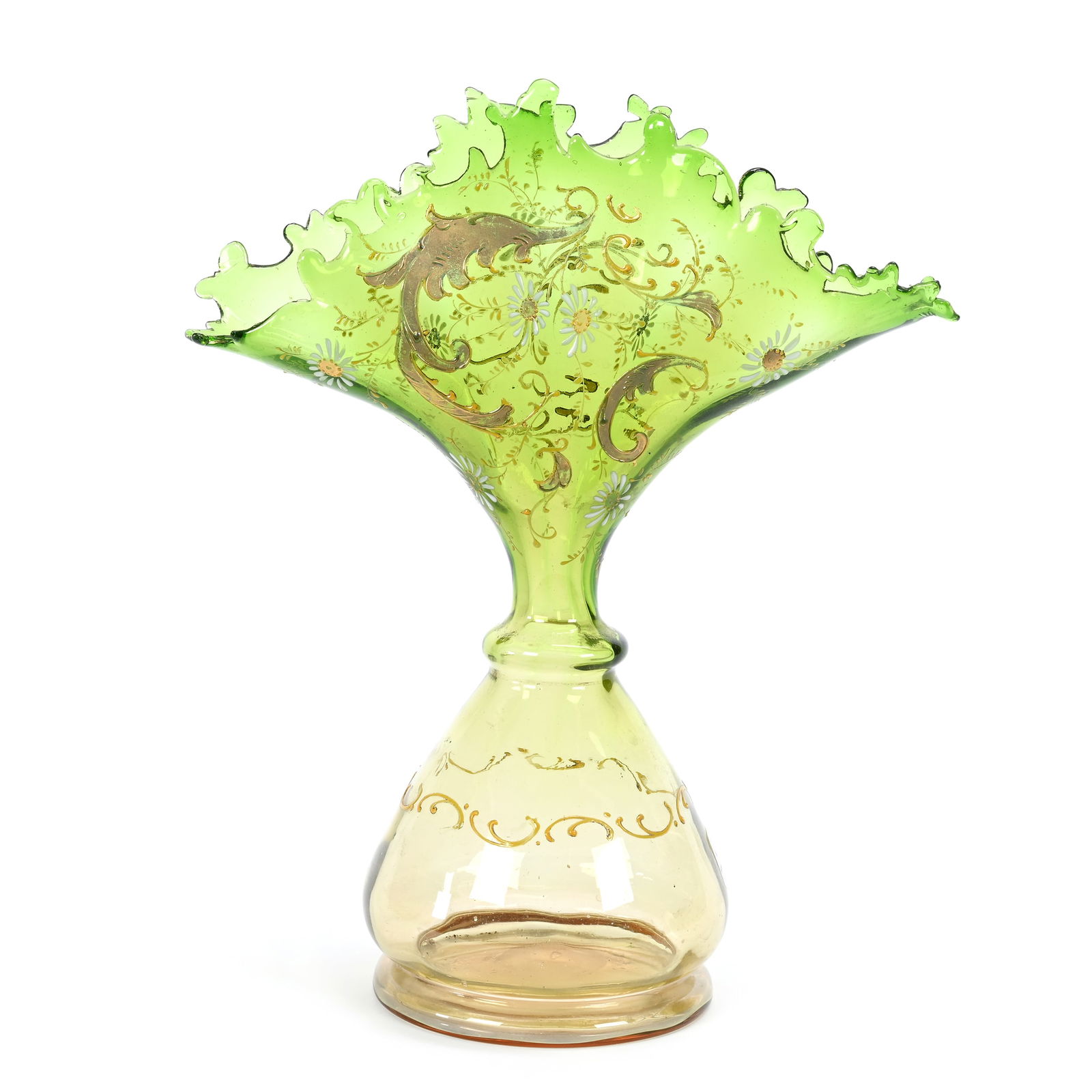 Fan Vase, Green Shading To Amber Art Glass (1 of 3)