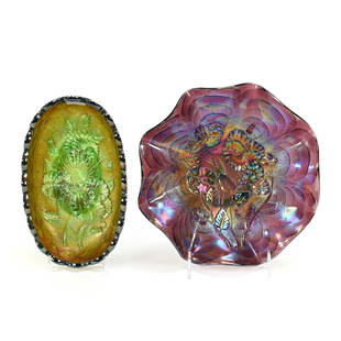 (2) Carnival Glass Items, Pansy Pattern By Imperial: (2) Carnival Glass Items, Pansy Pattern By Imperial, (1) 9" Bowl, Purple, (1) 8" Contemporary Relish, Green, Oklahoma Private Collection.