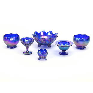 (6) Contemporary Carnival Glass Items By Imperial: (6) Contemporary Carnival Glass Items By Imperial, Blue, (1) 9.75" Orange Bowl, (2) 6" Bowls, (1) 4" Compote, (1) 5" Compote, (1) 3" Rose Bowl, Oklahoma Private Collection.