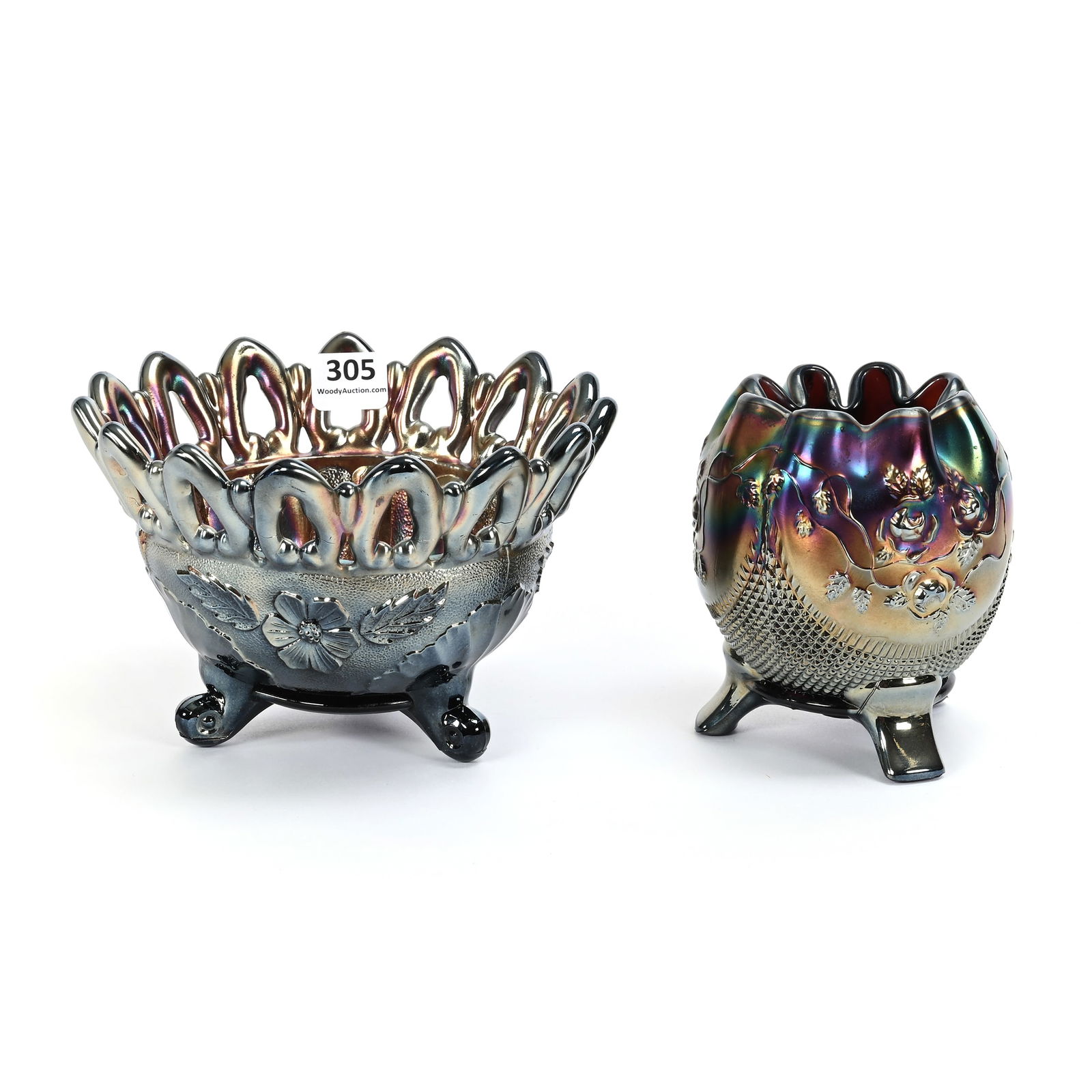 (2) Footed Rose Bowls, Carnival Glass (1 of 4)