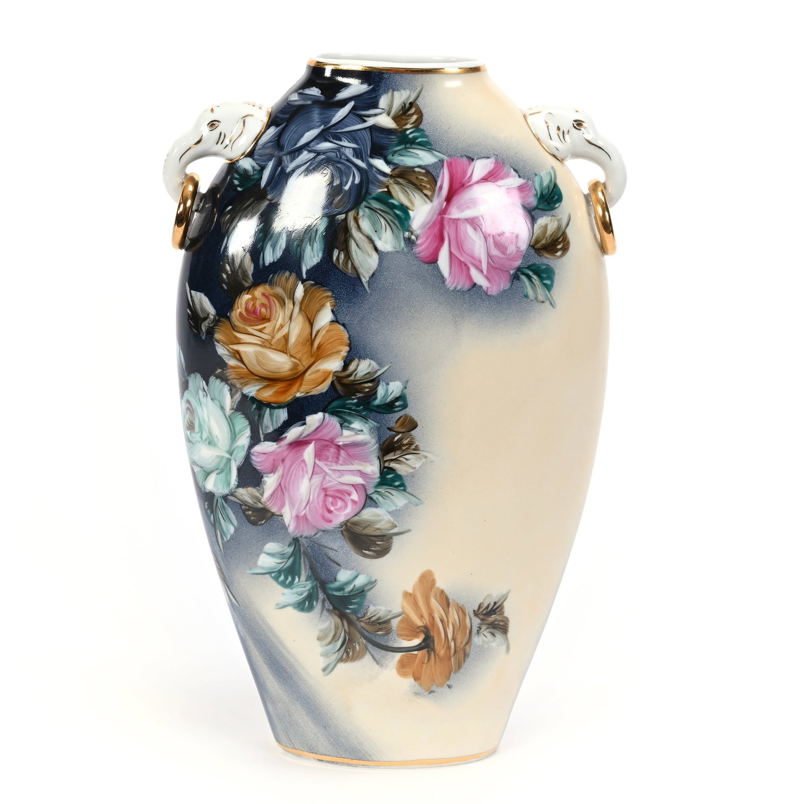 Vase, Modern, Marked Nippon: Vase, Modern, Marked Nippon, 14" x 9", Figural Elephant Handles, Blue And Gray Tones, Floral Decor, Oklahoma Private Collection.