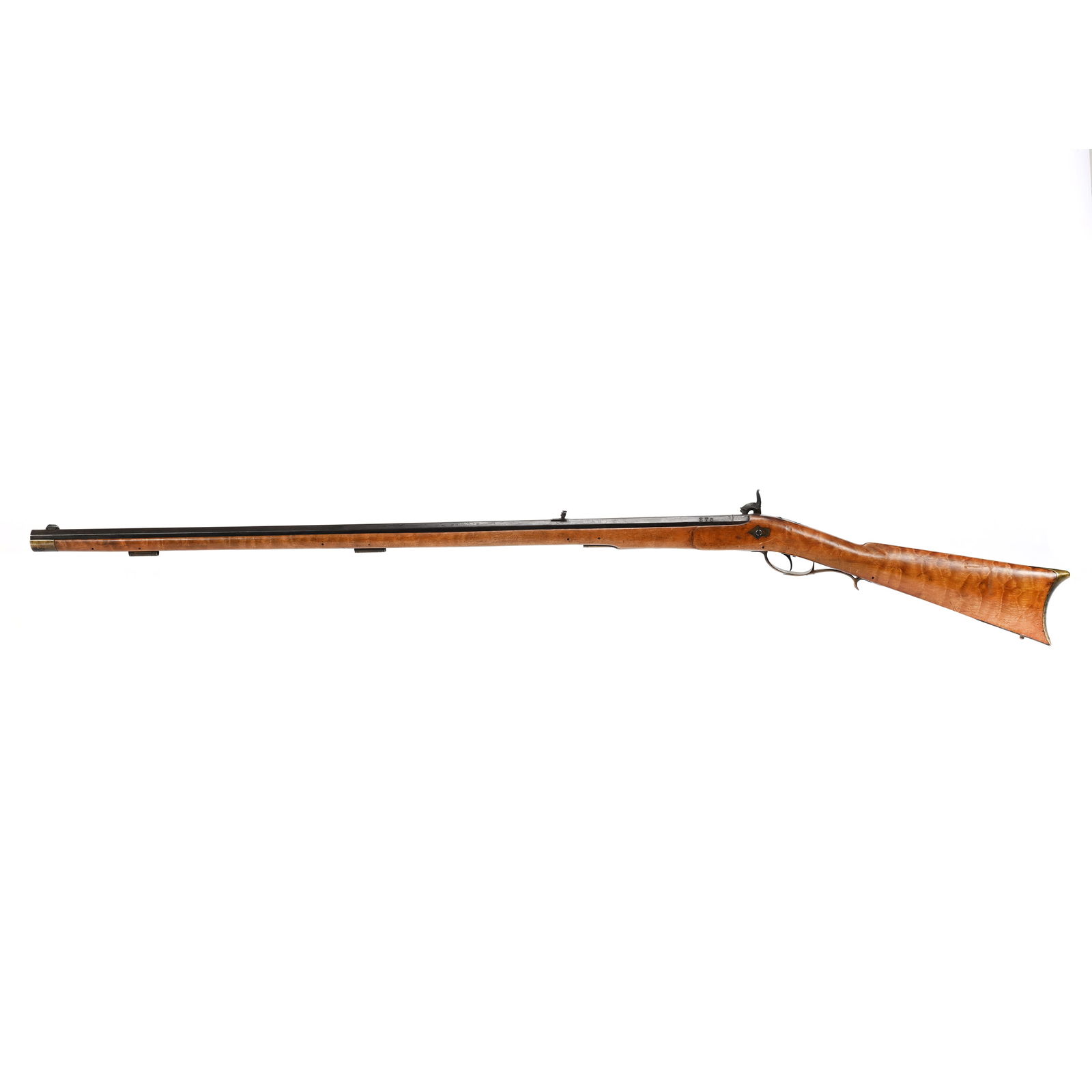 Original New England Percussion American Long Rifle: Original New England Percussion American Long Rifle, .45 Cal With Engraved Side Plate Marked Wm Chance & Son - Beautiful Tiger Mable Full Length Stock With 37" Barrel (No Ramrod) - Octagon Barrel Mark