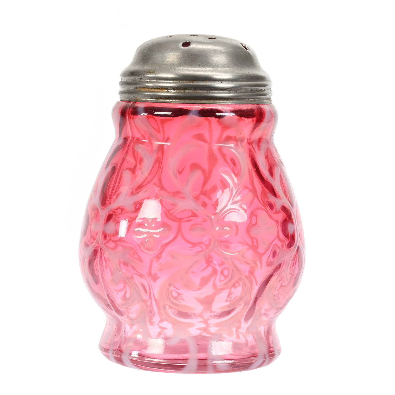 Sugar Shaker, Cranberry Opalescent Art Glass: Sugar Shaker, Cranberry Opalescent Art Glass, 4.5"x 3.25", Spanish Lace Pattern, The Collection Of Harold & Joeleen Passow, IA.