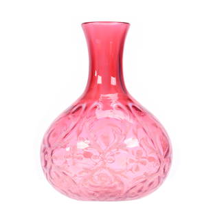 Water Carafe, Cranberry Opalescent Art Glass: Water Carafe, Cranberry Opalescent Art Glass, 8"x 6", Spanish Lace Pattern, The Collection Of Harold & Joeleen Passow, IA.