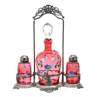 Condiment Set, Three Piece: Condiment Set, Three Piece, 9.75"x 8", Cranberry Coinspot Art Glass Cruet With Matching Salt & Pepper Shakers, Enamel Daisy Decor, Set On Rockford #2752 Silverplate Frame, Crack At Top Of Handle Attac