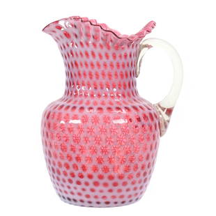 Pitcher, Cranberry Opalescent Art Glass: Pitcher, Cranberry Opalescent Art Glass, 9"x 7", Windows Pattern By Hobbs Or U.S. Glass Company, Circa 1890, Tri-Corner Ruffled Top, The Collection Of Harold & Joeleen Passow, IA.