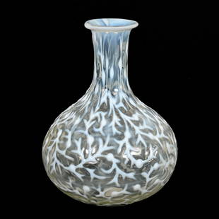 Water Carafe, White Opalescent Art Glass: Water Carafe, White Opalescent Art Glass, 8"x 6", Seaweed Pattern Attributed To Beaumont, The Collection Of Harold & Joeleen Passow, IA.