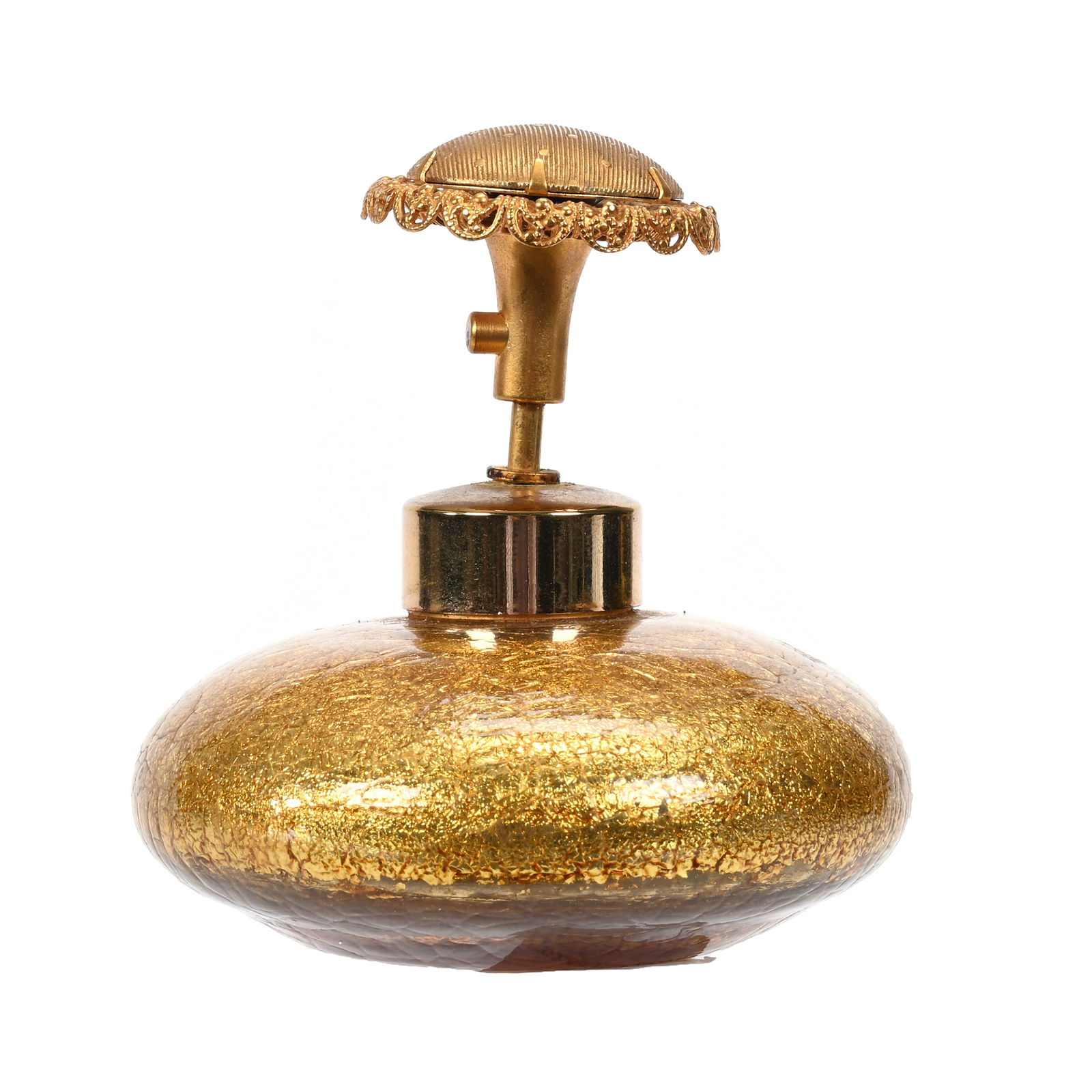 Perfume Marked Devilbiss: Perfume Marked Devilbiss, 3.5"x 3.25", Clear Cased Glass With Gold Foil Design, Original Devilbiss #400/25 Paper Label, Plunger Is Slightly Wobbly, The Collection Of Harold & Joeleen Passow, IA.