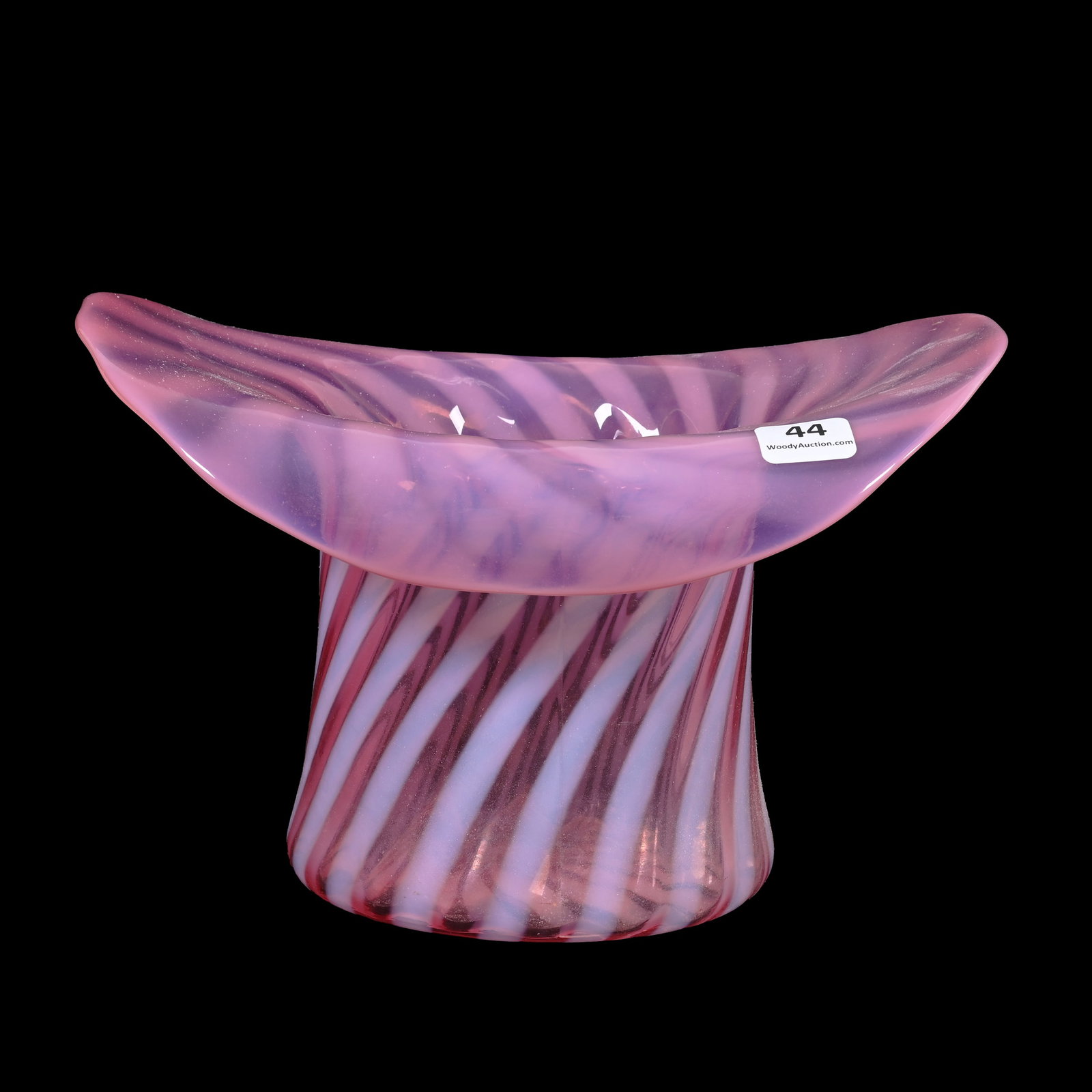 Hat-Shape Vase, Cranberry Opalescent Swirl: Hat-Shape Vase, Cranberry Opalescent Swirl, 5.5"x 9.25"x 7.25", Attributed To Fenton, The Collection Of Harold & Joeleen Passow, IA.