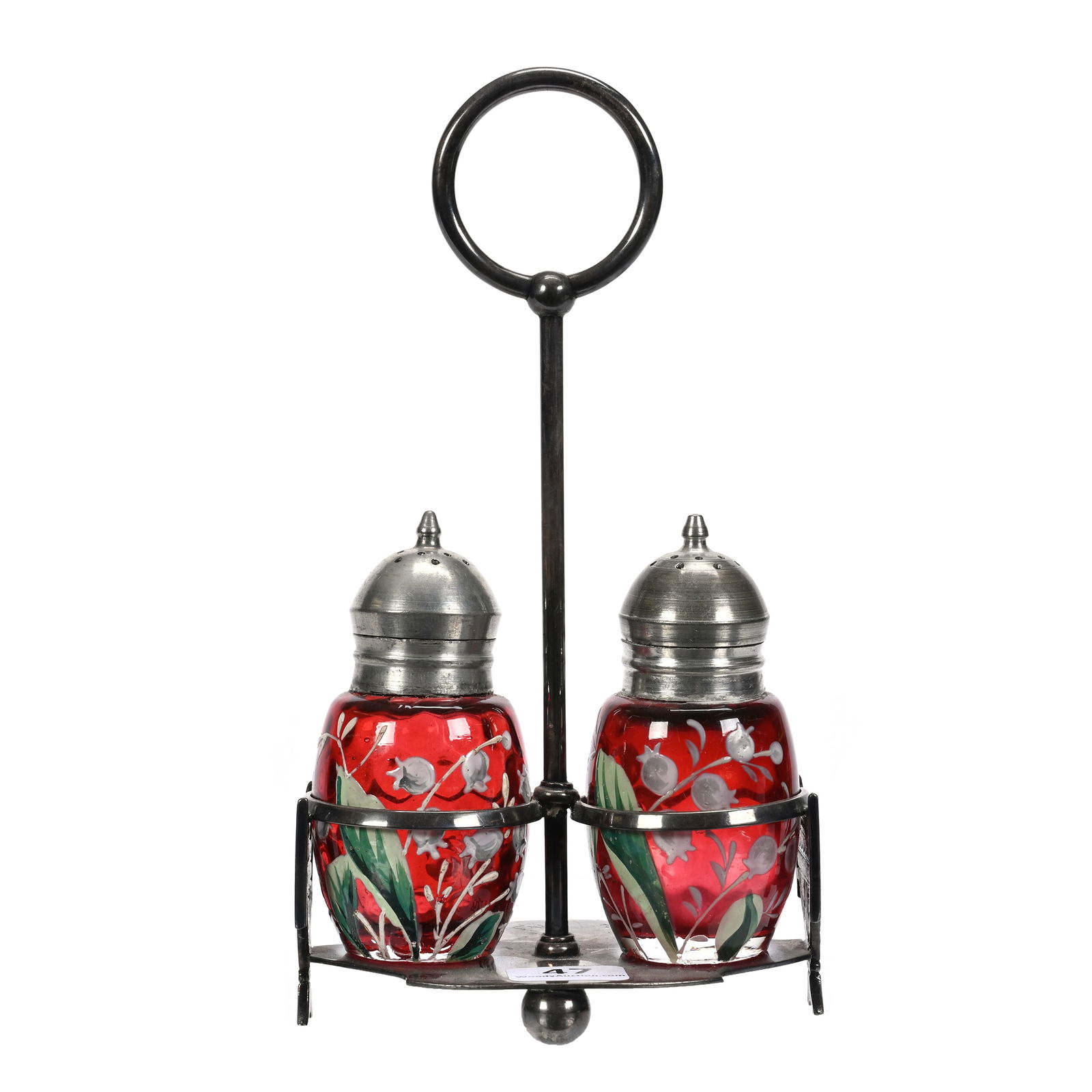 Condiment Set, Cranberry Coinspot Art Glass (1 of 3)