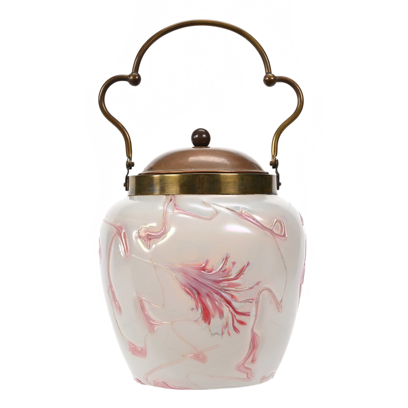 Biscuit Jar, Attributed To Kralik Art Glass: Biscuit Jar, Attributed To Kralik Art Glass, 7"x 5.25", White Iridescent Ground With Pink Leaf And Vine Design, Metal Lid And Bail, The Collection Of Harold & Joeleen Passow, IA.