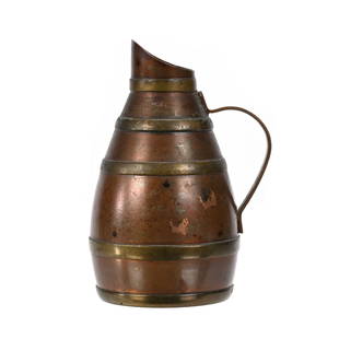 Pitcher, Salesman's Sample, Copper & Brass: Pitcher, Salesman's Sample, Copper & Brass, 3.75"x 2.5", Marked "Villedieu", The Collection Of Harold & Joeleen Passow, IA.