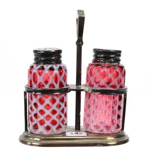 Condiment Set, Cranberry Opalescent: Condiment Set, Cranberry Opalescent, 5.75"x 4.75", Ribbed Opal Lattice Pattern, Salt And Pepper Set On International #0224-01 Silverplate Frame, Frame Has Minor Metal Touch-Up, The Collection Of Harol