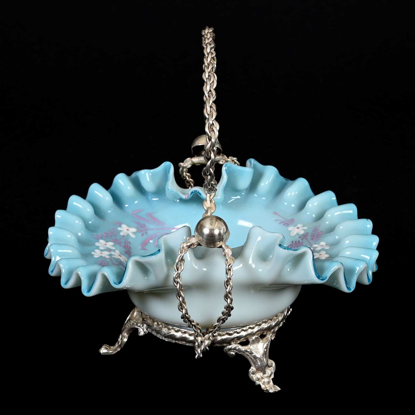 Small Brides Basket, Blue Cased Ruffled Art Glass (1 of 3)