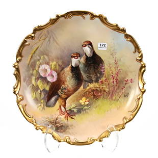 Charger Marked L.R.L. Limoges: Charger Marked L.R.L. Limoges, 13", Game Bird Scenic Decor, Artist Signed, Gold Trim Border, The Collection Of Harold & Joeleen Passow, IA.