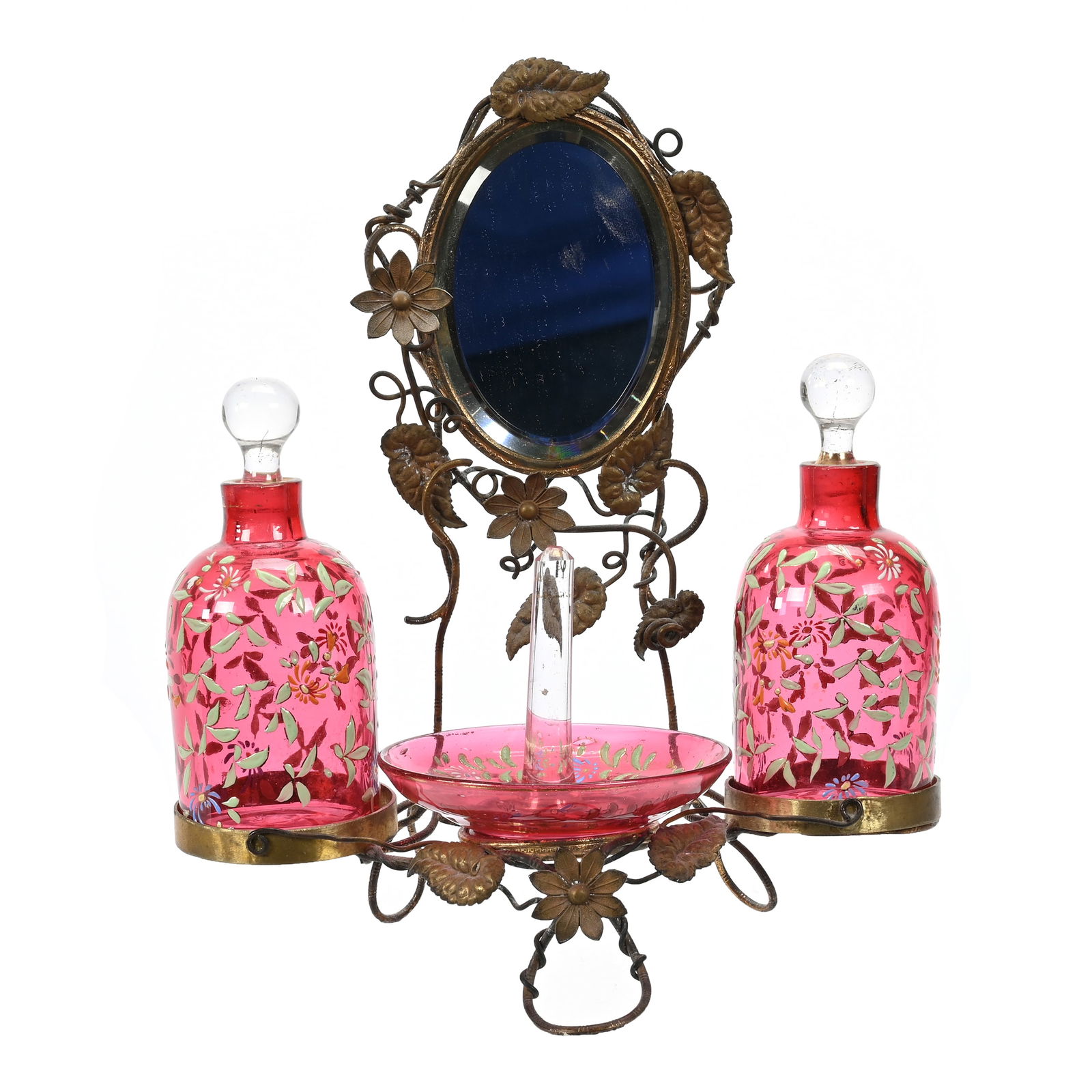 Vanity Set, Cranberry Art Glass Colognes/Ring Holder (1 of 6)