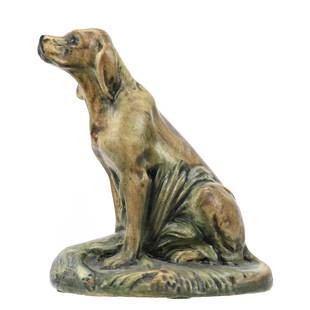 Figurine Marked Weller Art Pottery: Figurine Marked Weller Art Pottery, 5.75"x 5", Seated Retriever With Goose Lying At Feet, The Collection Of Harold & Joeleen Passow, IA.