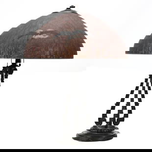 Table Lamp, Handel, Reverse Painted Shade: Table Lamp, Handel, Reverse Painted Shade, 23.25"x 18", Chipped Ice Shade, Black And White Cranes Flying Among Bamboo Forest, Bronze Base Has Felt Bottom With Fabric Tag, Electrified, Three Light, The
