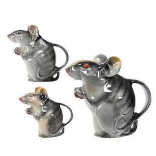 (3) Figural Pitchers, Unmarked Royal Bayreuth: (3) Figural Pitchers, Unmarked Royal Bayreuth, Gray Mouse, (1) 7.5" Water Pitcher, (1) 5.5" Milk Pitcher, (1) 4.5" Creamer, Water Pitcher Has Rim Chip On Ear, The Collection Of Harold & Joeleen Passow