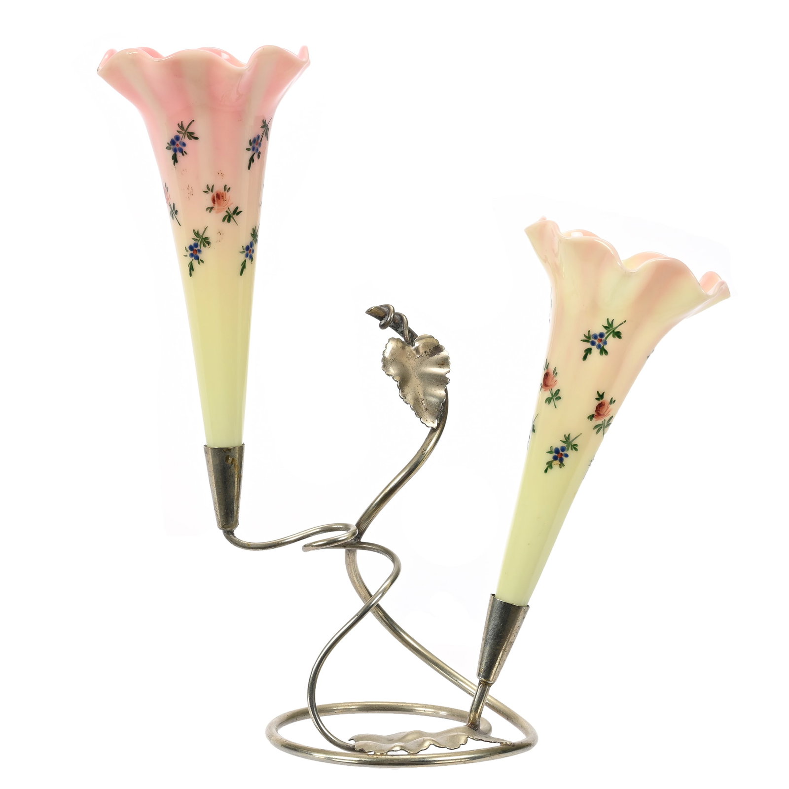 Two Lily Epergne, Decorated Glossy Burmese: Two Lily Epergne, Decorated Glossy Burmese, 10"x 9.25", Two Nice Lilies Set On Nickle Plated Wire Frame With Leaf Design, The Collection Of Harold & Joeleen Passow, IA.