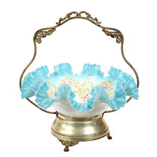 Victorian Brides Basket: Victorian Brides Basket, 12.5"x 11.25"x 11", Blue And White Cased Art Glass Bowl, Enamel Floral Decor, Set On An Unmarked Silverplate Frame, Frame Has Handle Repair, The Collection Of Harold & Joeleen