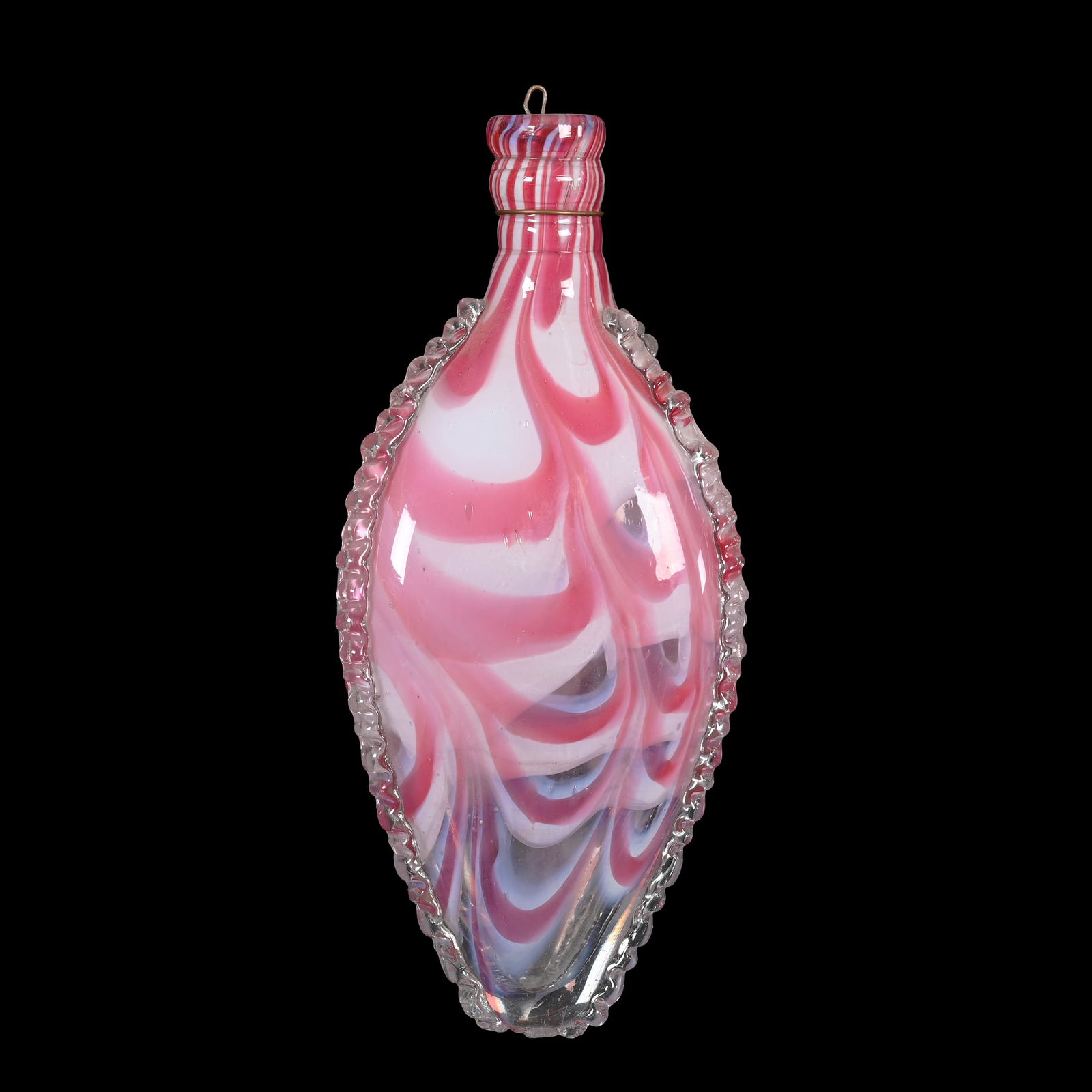 Flask Bottle: Flask Bottle, 8.5"x 3.75", Pink, Clear And White Nailsea Design, Applied Ridges, The Collection Of Harold & Joeleen Passow, IA.