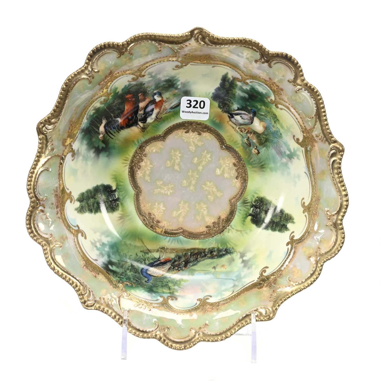 Bowl Marked R.S. Prussia: Bowl Marked R.S. Prussia, 9.25", Farmyard, Peacock And Duck Runner Scenic Decor, Nice Iridescent Border, Gold Trim, The Collection Of Harold & Joeleen Passow, IA.