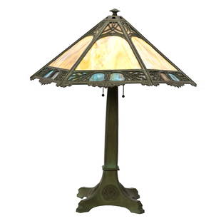 Table Lamp, Bradley & Hubbard, Slag Panel Shade: Table Lamp, Bradley & Hubbard, Slag Panel Shade, 26"x 20.5", Six-Sided, Large Yellow And White Panels With Small Blue, Lavender And Green Panels, One Larger Panel Has Crack And One Of Smaller Panels I