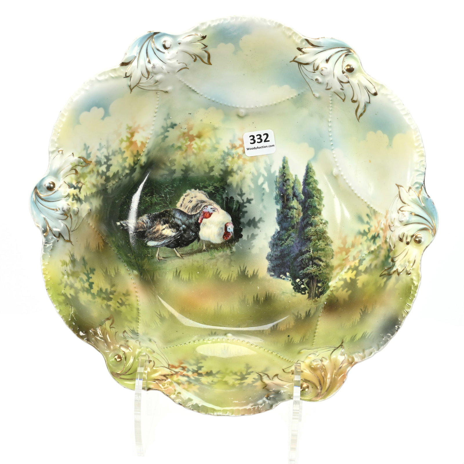 Bowl, Unmarked R.S. Prussia: Bowl, Unmarked R.S. Prussia, 10.75", Turkey And Evergreen Scenic Decor, The Collection Of Harold & Joeleen Passow, IA.