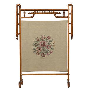 Fireplace Screen, Oak Stick And Ball Frame Attributed to Ferguson Bros: Furniture - Fireplace Screen, Oak Stick And Ball Frame, Attributed to Ferguson Bros, 36"x 21", Needlepoint Floral Screen. Woody Auction Cannot Ship This Item - It Must Be Picked Up In Person In Dougla